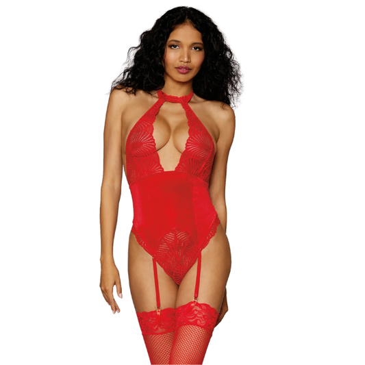 Dreamgirl Stretch Lace & Stretch Velvet Garter Teddy - Totally Adult