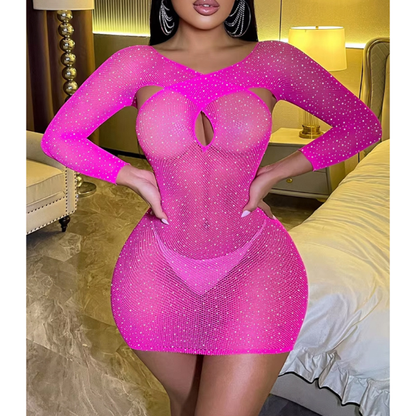 Love In Leather Long Sleeve Rhinestone Dress - Totally Adult