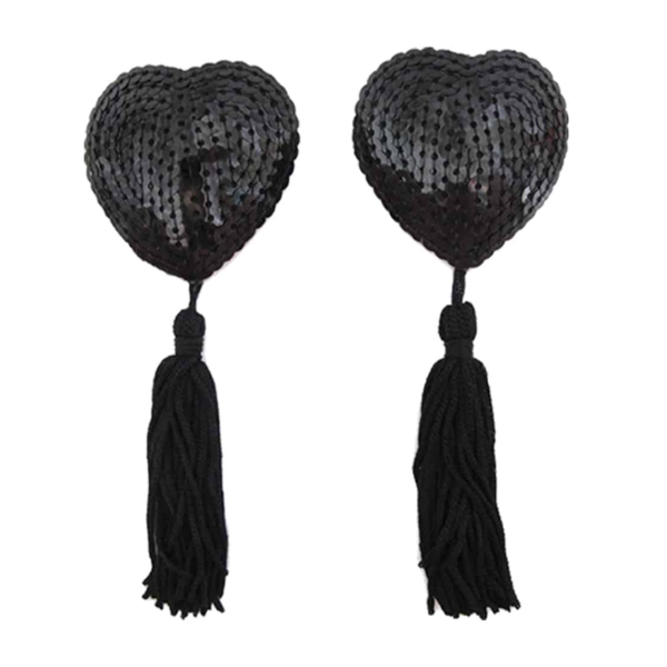 Love In Leather Sequin Heart Nipple Pasties with Tassels - Totally Adult