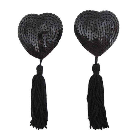 Love In Leather Sequin Heart Nipple Pasties with Tassels - Totally Adult