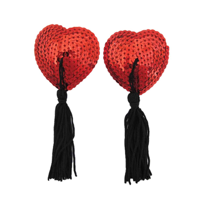 Love In Leather Sequin Heart Nipple Pasties with Tassels - Totally Adult