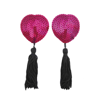 Love In Leather Sequin Heart Nipple Pasties with Tassels - Totally Adult