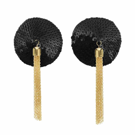 Love In Leather Sequin Round Nipple Pasties with Gold Chain Tassel - Totally Adult